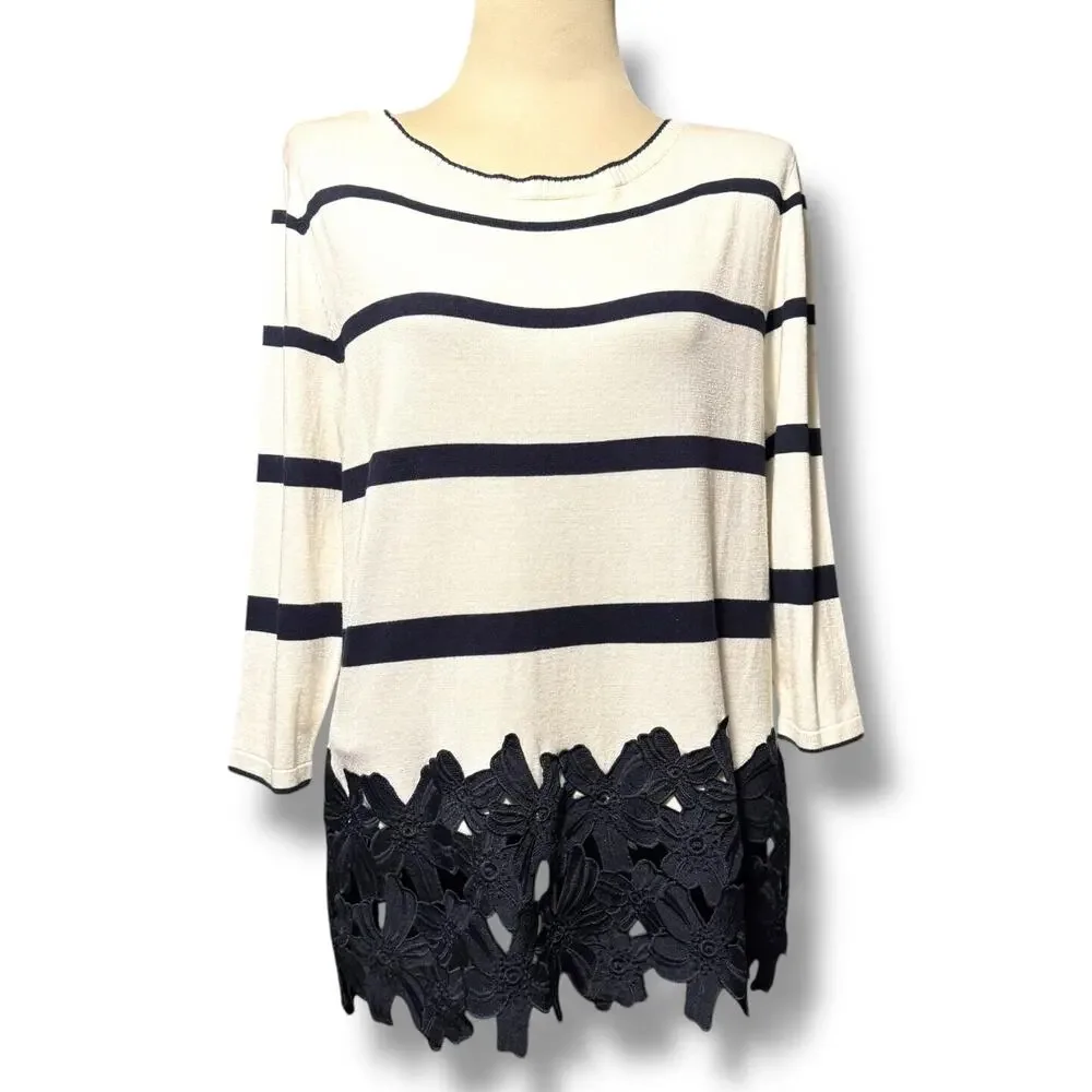 Lane Bryant Floral Applique Lace Hem 3/4 Sleeve Navy Stripe White Sweater 14/16